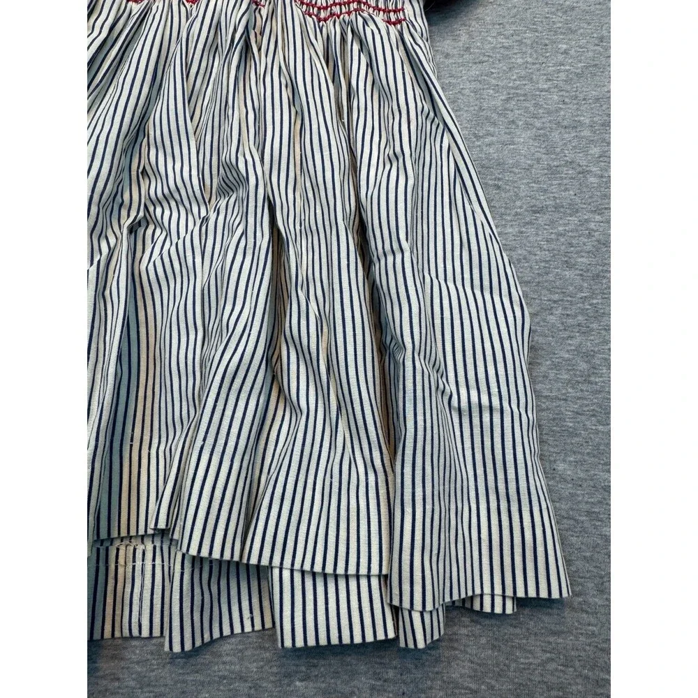 Vintage 1980s Girls Sailor Dress Smocked Nautical Striped Handmade Approx 4T